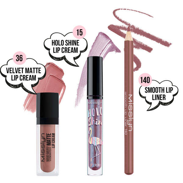 MISSLYN - HOLO SHINE LIP CREAM & VELVET MATTE LIP CREAM & LIP LINER SET
